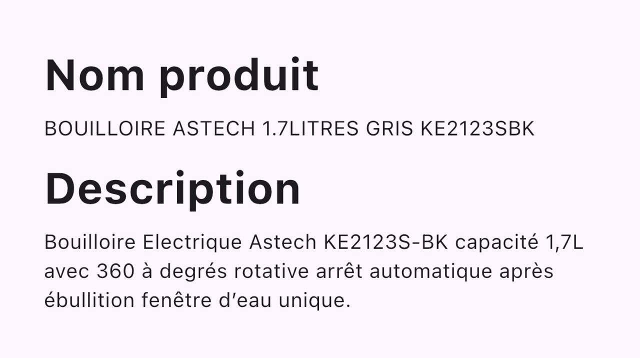 BOUILLOIRE ASTECH 1.7LITRES GRIS KE2123SBK