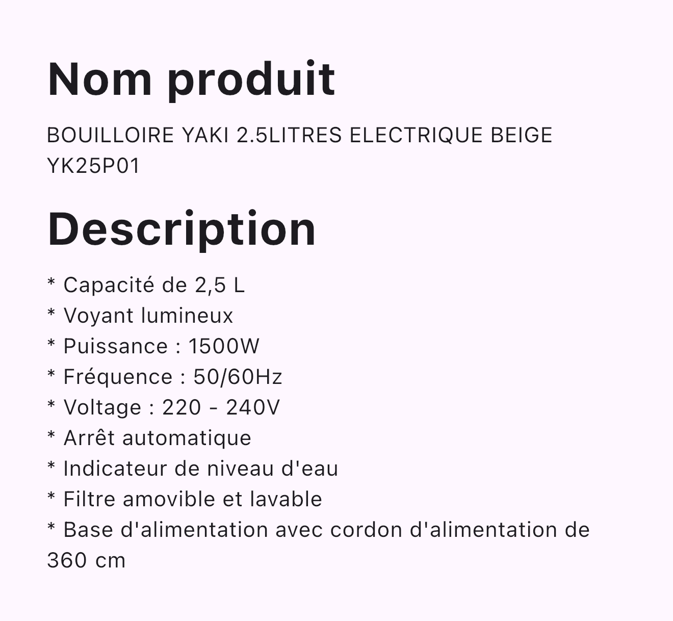 BOUILLOIRE YAKI 2.5LITRES ELECTRIQUE BEIGE YK25P01