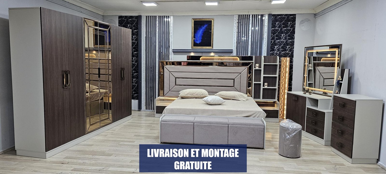 CHAMBRE À COUCHER ARMOIRE 6BATTANTS 6PIÈCES MARRON GRIS ANKA