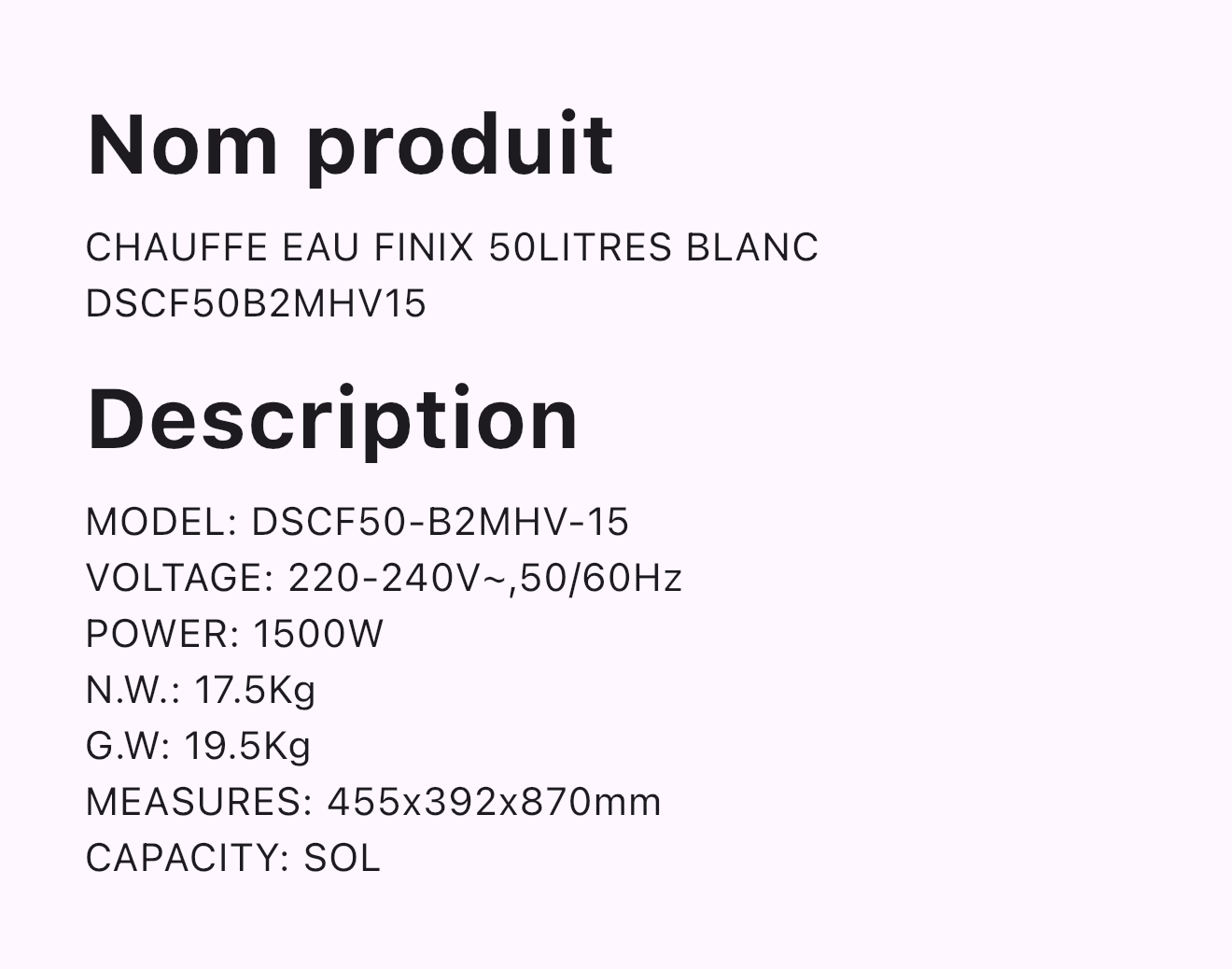 CHAUFFE EAU FINIX 50LITRES BLANC DSCF50B2MHV15