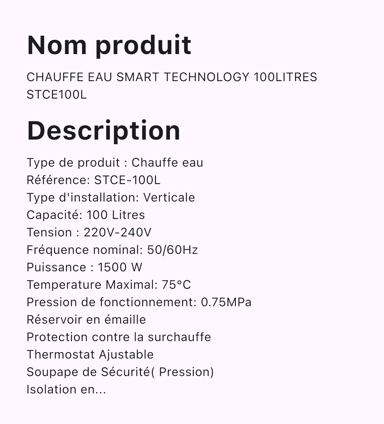 CHAUFFE EAU SMART TECHNOLOGY 100LITRES STCE100L