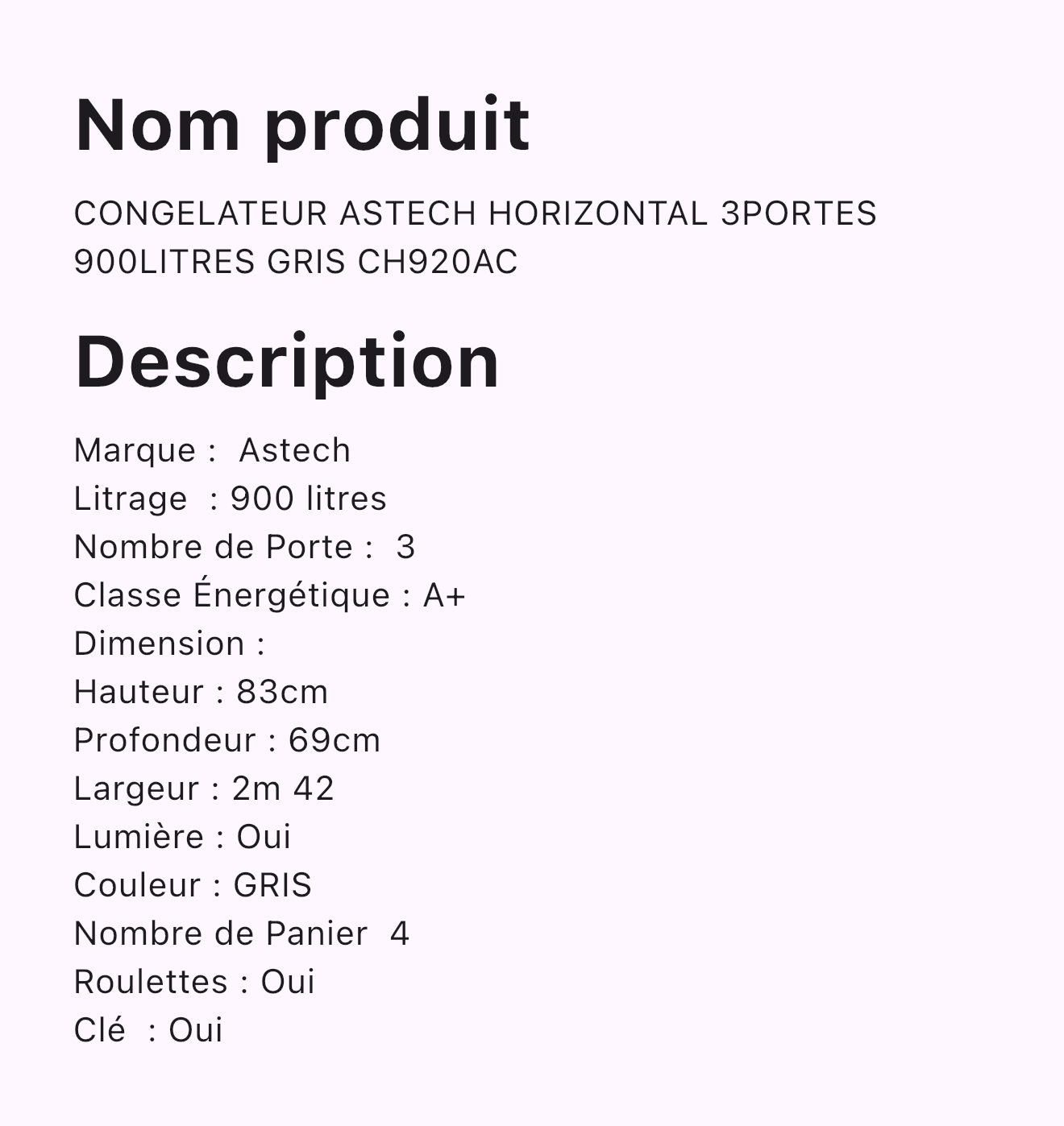 CONGELATEUR ASTECH HORIZONTAL 3PORTES 900LITRES GRIS CH920AC