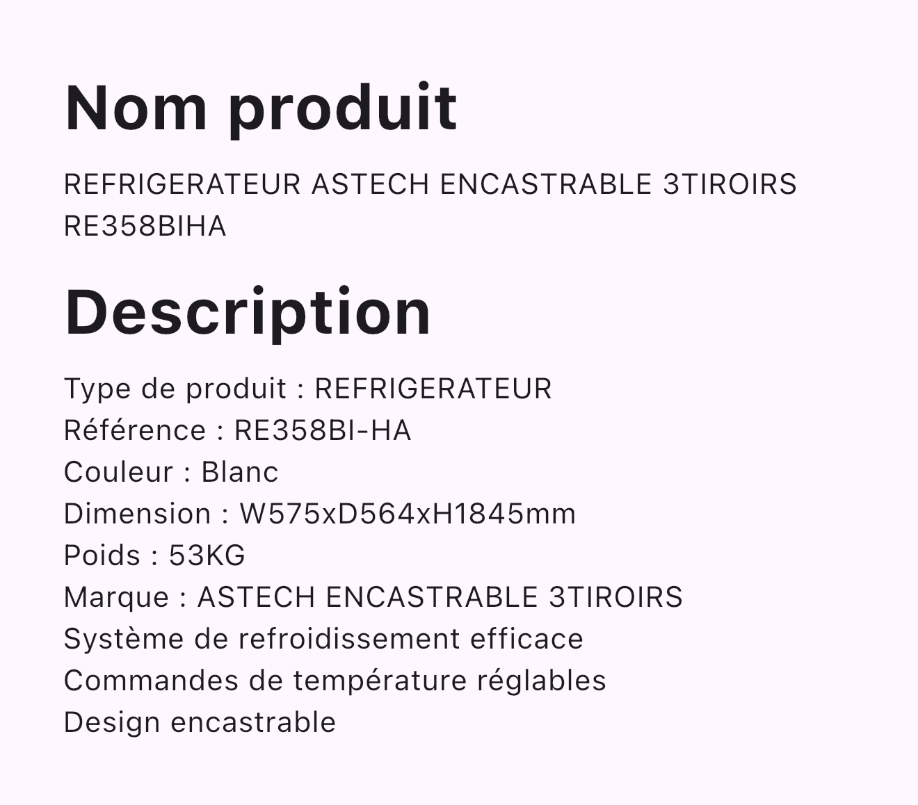 REFRIGERATEUR ASTECH ENCASTRABLE 3TIROIRS RE358BIHA