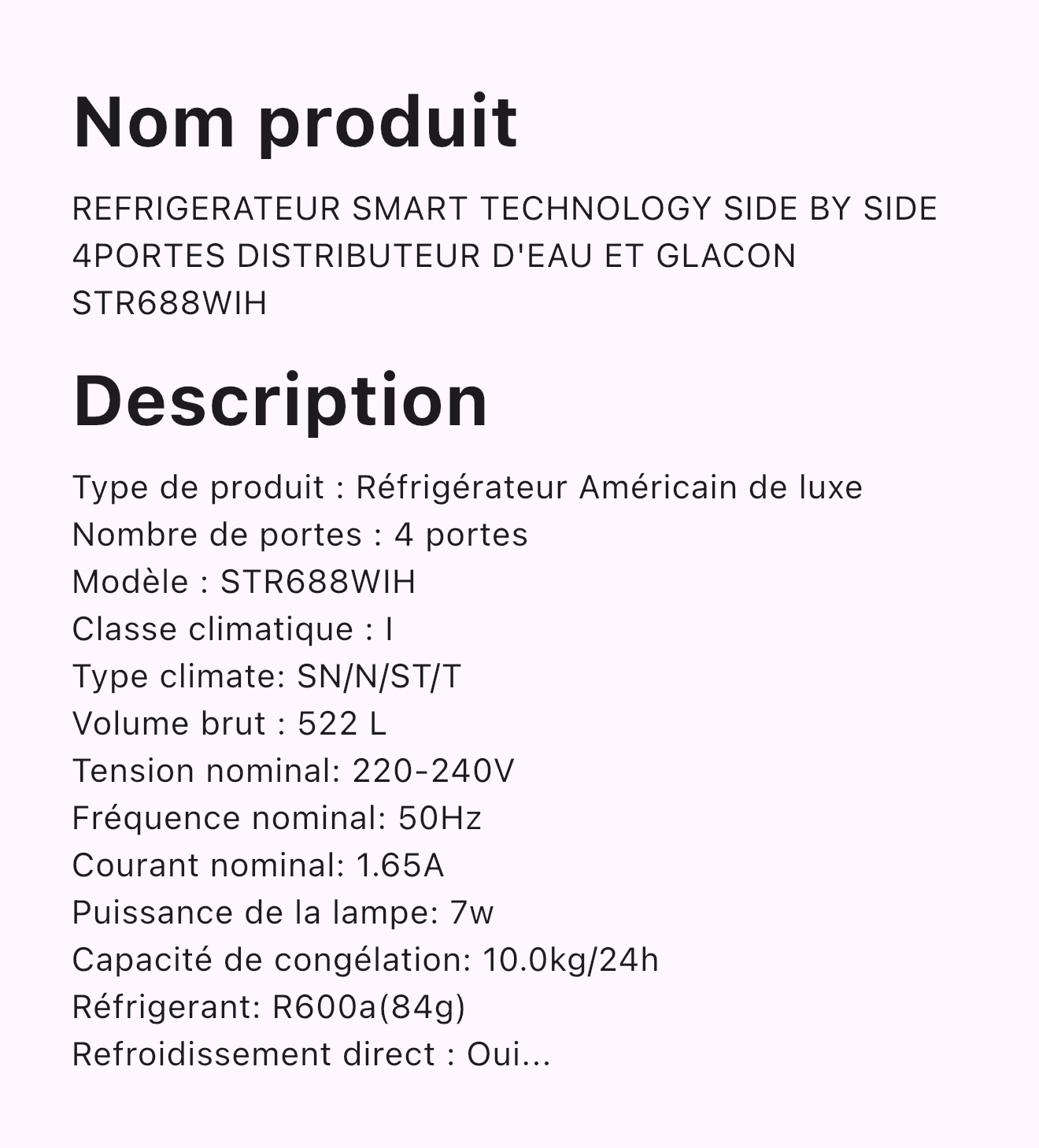 REFRIGERATEUR SMART TECHNOLOGY SIDE BY SIDE 4PORTES DISTRIBUTEUR D'EAU ET GLACON STR688WIH