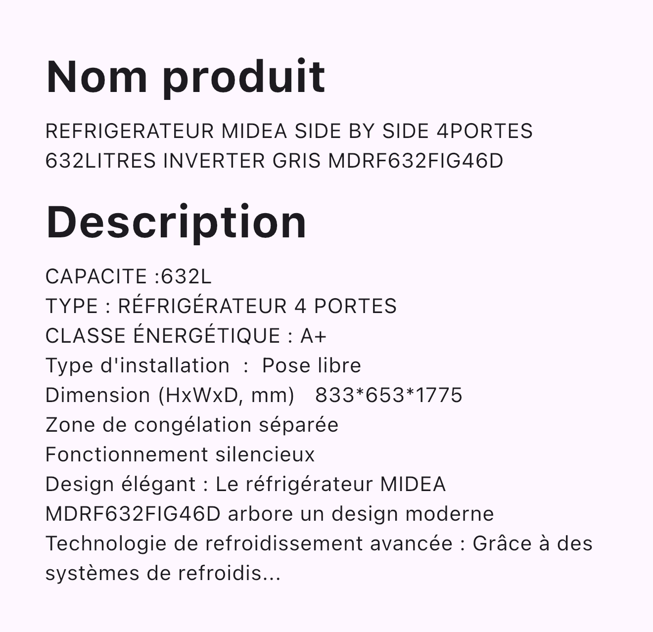 REFRIGERATEUR MIDEA SIDE BY SIDE 4PORTES 632LITRES INVERTER GRIS MDRF632FIG46D