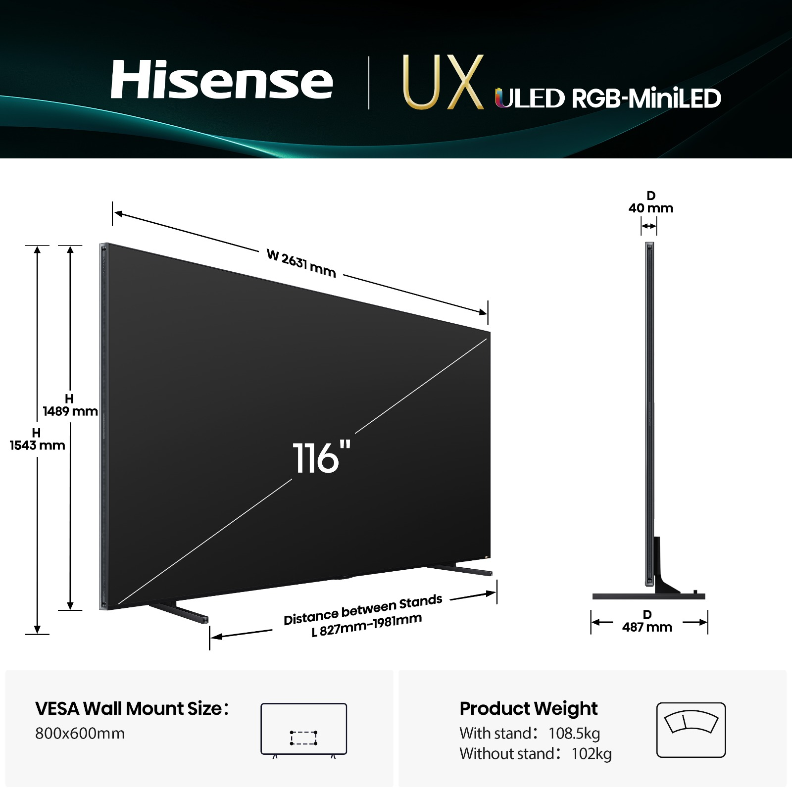 TELEVISEUR HISENSE 116"' ULED QUANTUM DOT 4K EGB-MINI-LED AI 116UX