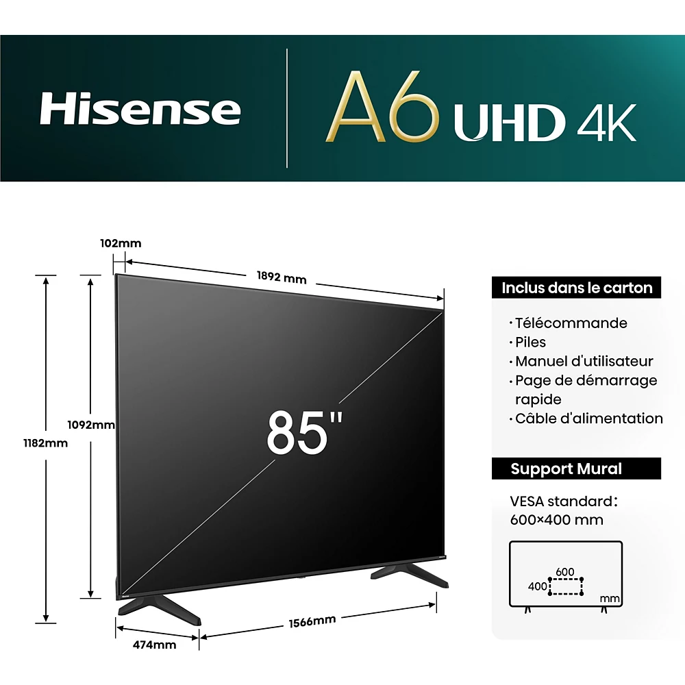 TELEVISEUR HISENSE 85'' LED SMART VIDAA UHD 4K 85A6N