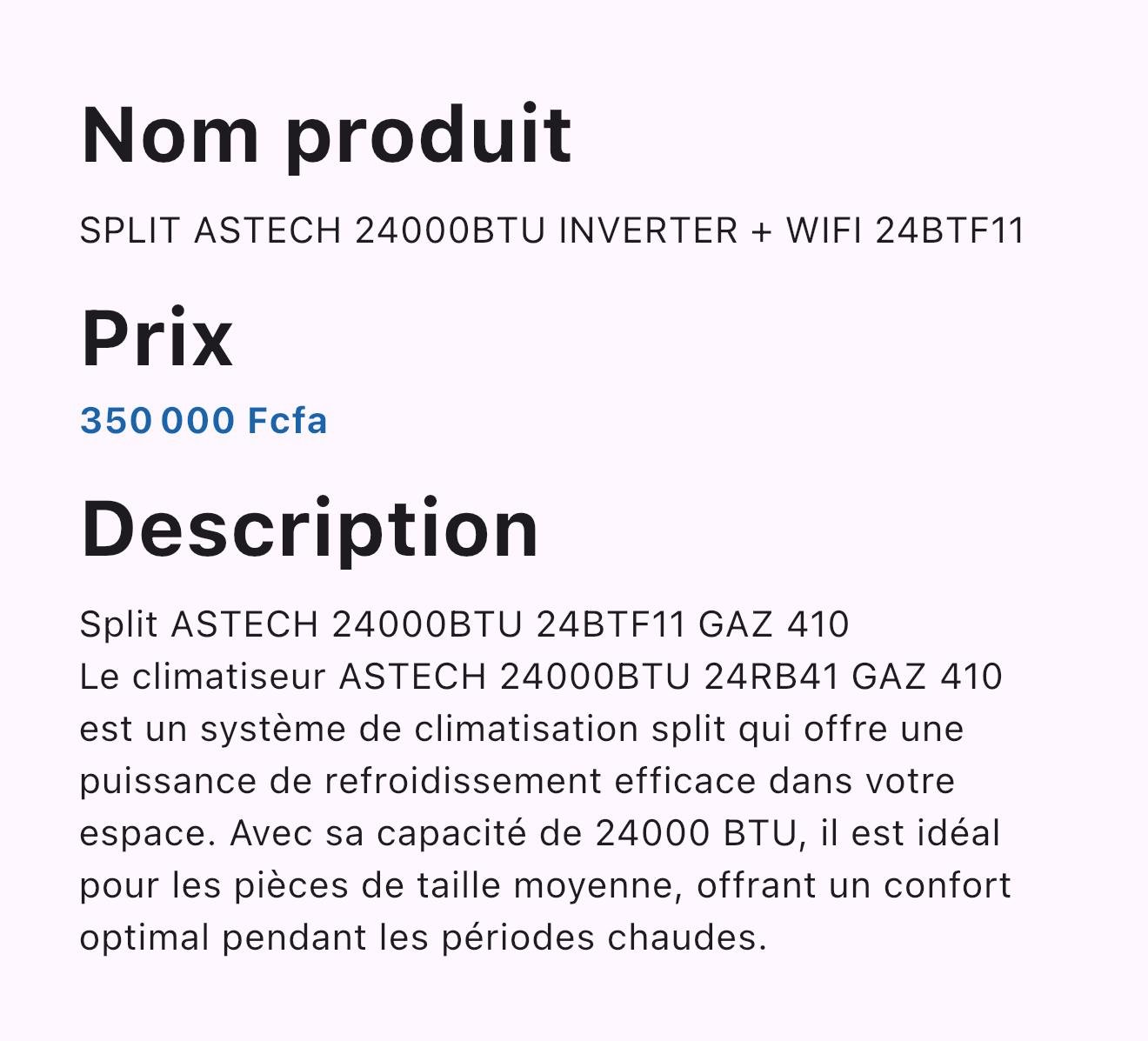 CLIMATISEUR SPLIT ASTECH COMPLET AVEC UNITÉ EXTÉRIEURE